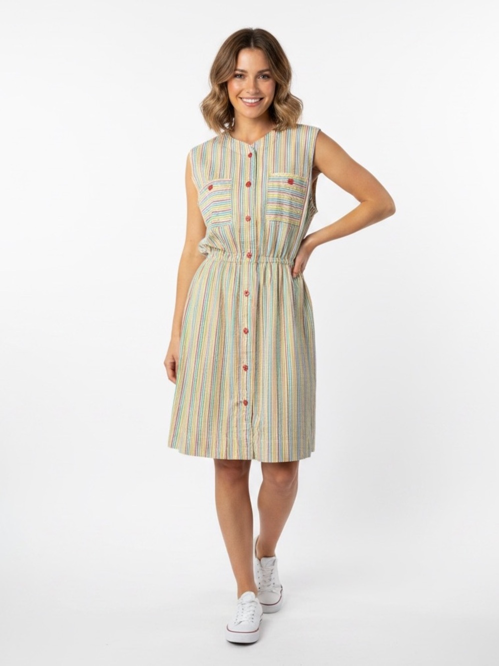Vintage 1980s Handmade Rainbow Stripe Button Front Dress - Picture 1 of 10